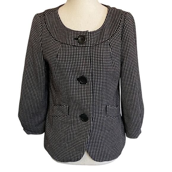 Ann Taylor Black White Dot Suit Blazer 3 Button Puff Sleeve Jacket - 4 - Picture 2 of 10
